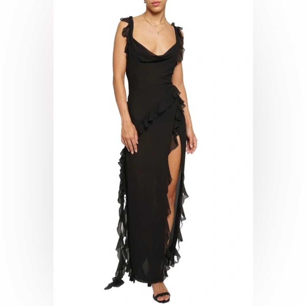 Black Ruffle-Trim Maxi Dress with Slit